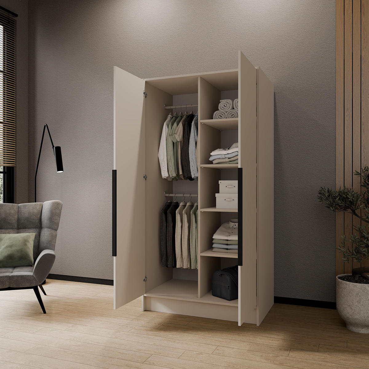 KLEIDERSCHRANK Mono Lux mit Speigel, Drehtüren mit Schwarze Metallgriffe, Kaschmir 102/200/51 cm - Kaschmir, Holzwerkstoff (102/200/51cm) - WFL GROUP