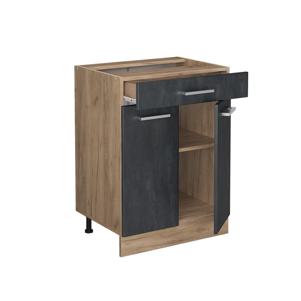 KÜCHENUNTERSCHRANK R-Line Schwarz Beton 60 cm ohne Arbeitsplatte - Honigeiche/Eiche Wotan, Holzwerkstoff (60/81.6/46cm) - Vicco