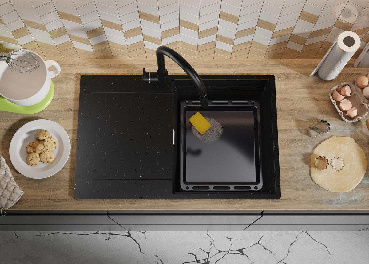 SPÜLBECKEN San Francisco, 2-er set Schwarz Metallic 78/50 cm 1 Becken + Ablauf-Set + Aufrollbare Abtropffläche ab 50er Unterschrank - Chromfarben/Schwarz Hochglanz, Kunststoff (78/20/50cm) - Primagran