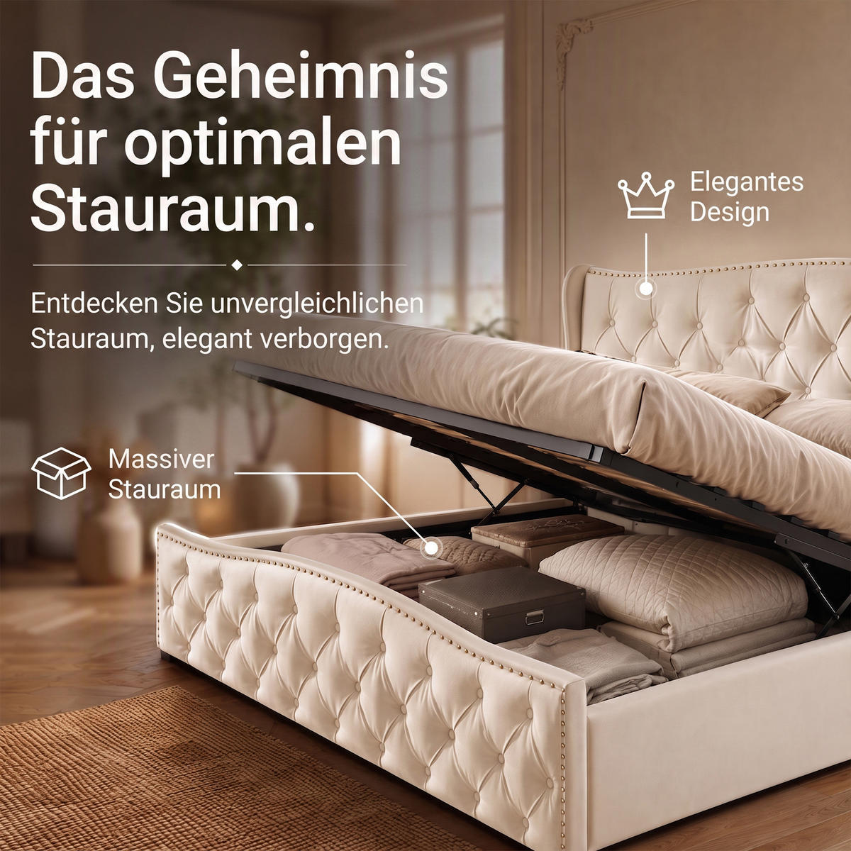POLSTERBETT 160x200 cm mit Bettkasten, Doppelbett mit Kopfteil, Lattenrost und Stauraum, Samt Beige - Beige, Holz/Textil (160/200cm) - GENKI LIVING