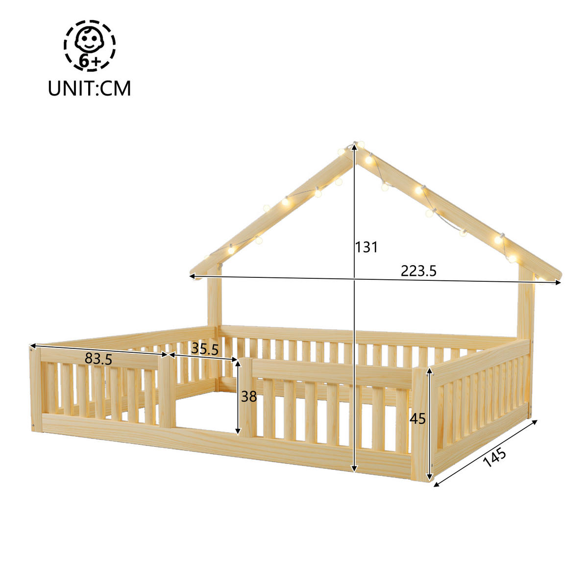 HAUSBETT 140/200 cm in Natur mit Rausfallschutz und LED Holz Design - Naturfarben, Holzwerkstoff (140/200cm) - STILVORA