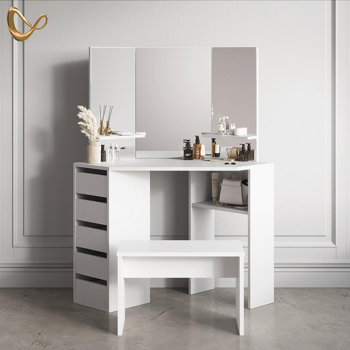 ECKSCHMINKTISCH Enna Weiß 110 cm mit Bank - Weiß, Holzwerkstoff (110/141.5/54cm) - Livinity®