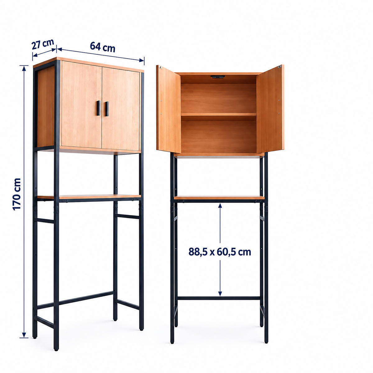 WASCHMASCHINENSCHRANK Hellbraun schwarzes Metall 170x64x27 cm - Hellbraun, Holzwerkstoff/Metall (64/170/27cm) - Relaxdays