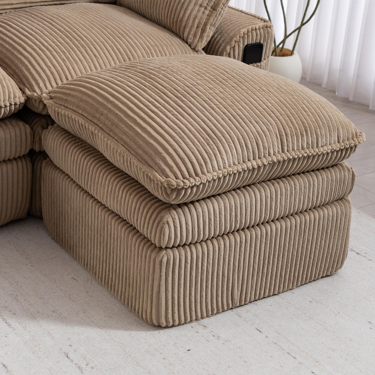 3-SITZER ECKSOFA Cord Khaki mit Hocker und Kissen - Hellbraun, Textil (263/167cm) - WISHDOR