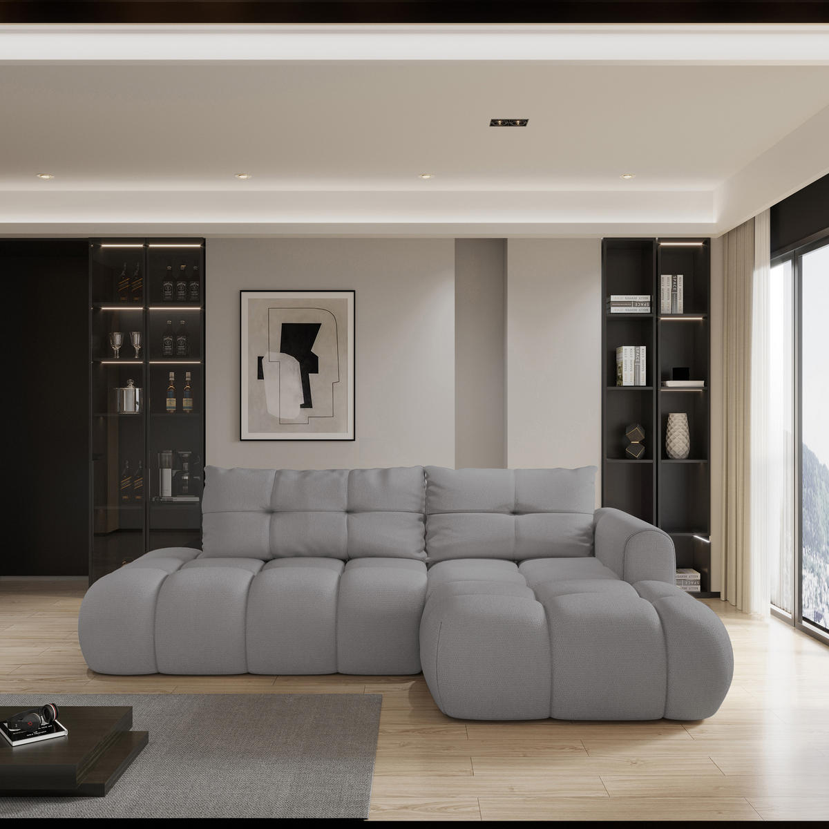 ECKSOFA FLUMA R-S Grau Geflochtener Stoff mit Schlaffunktion - Grau, Holz (274/165cm) - MASSENO