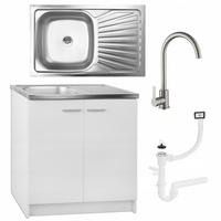 SPÜLUNTERSCHRANK 80cm mit Spüle + Armatur + Siphon weiß - Weiß, Holzwerkstoff (80/82/50cm) - Stamar