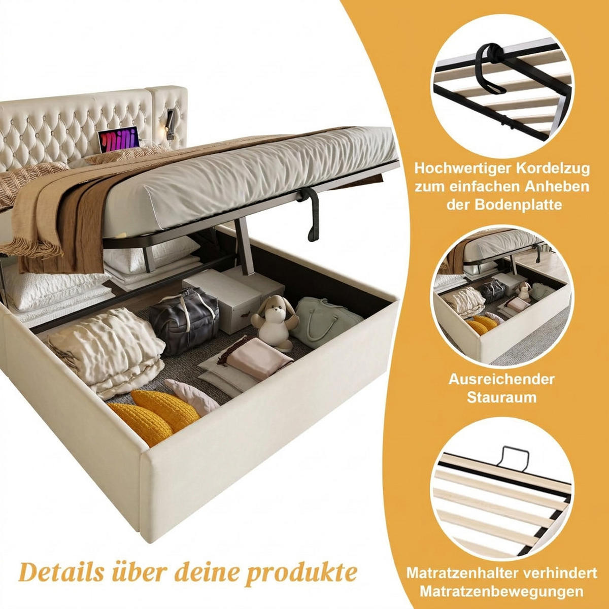 POLSTERBETT 180/200 cm Beige mit 2 Nachttischen und USB Ladefunktion (Ohne Matratze) - Beige, Textil (180/200cm) - Oxeza
