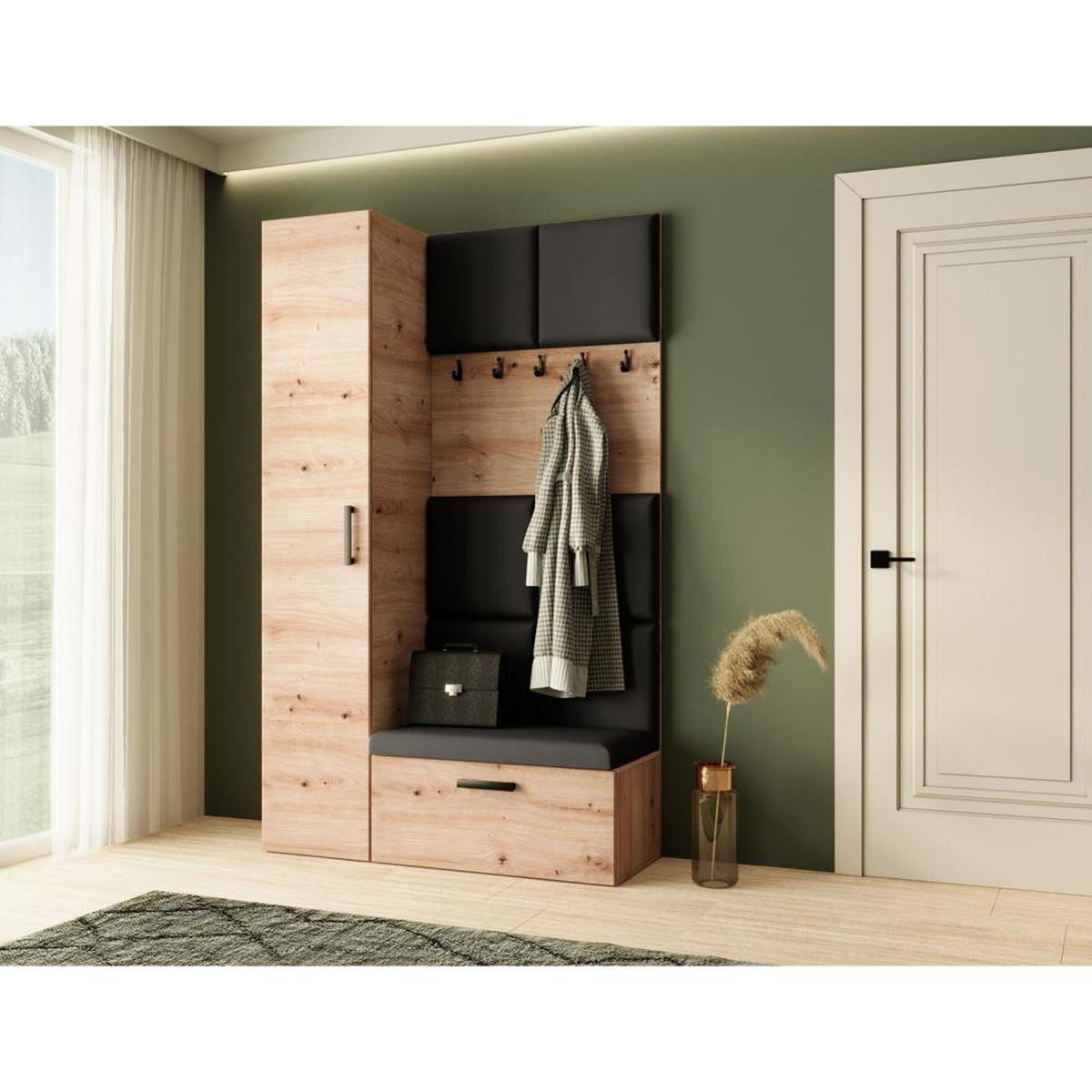 GARDEROBE Margaret I+IV 121/203/43 mit gepolsterten Paneelen - Schwarz/Eiche Artisan, Holzwerkstoff/Kunststoff (121/203/43cm) - Beautysofa