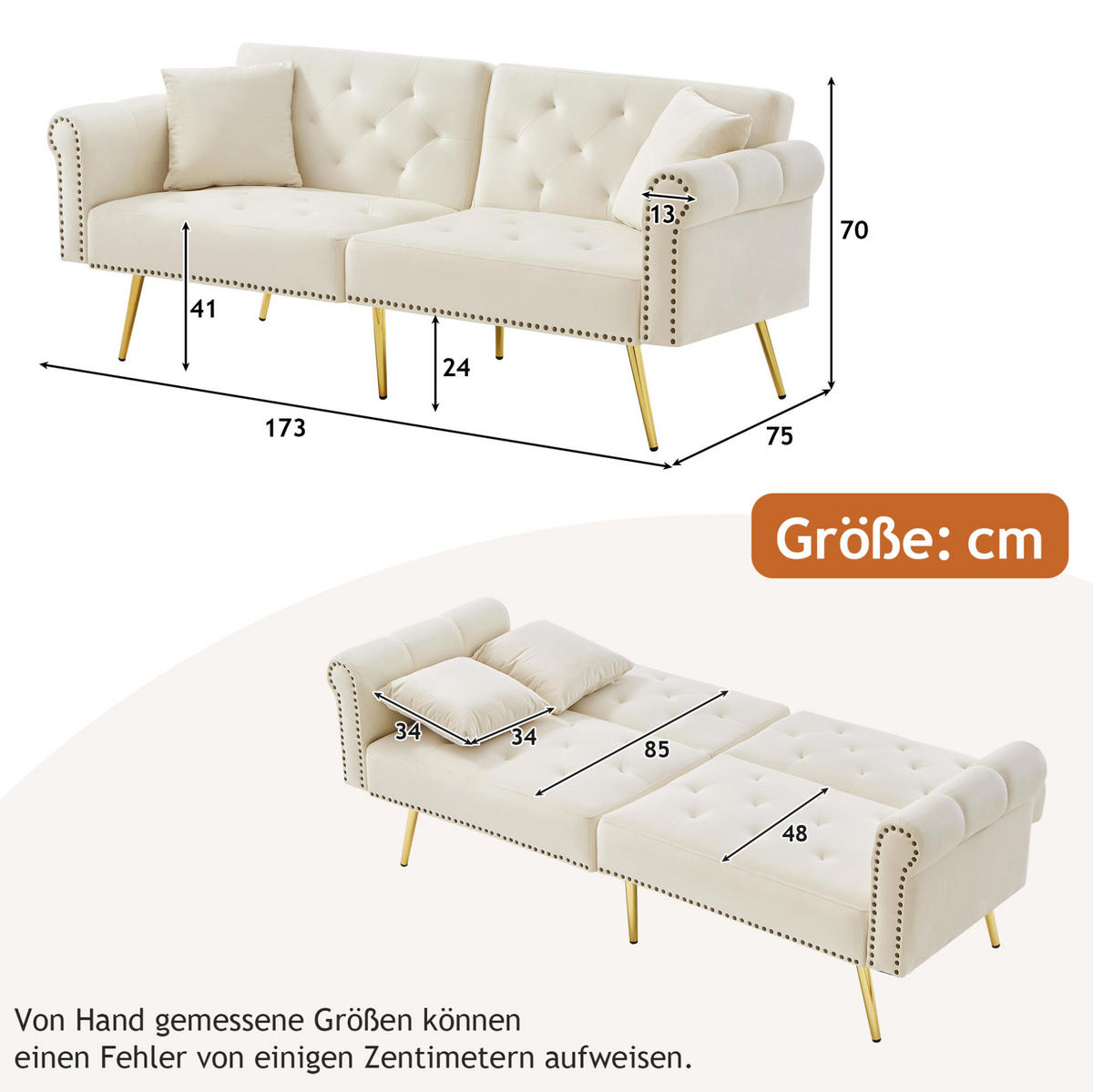SOFA mit Schlaffunktion 2-Sitzer 147x85 cm Samt Beige - Beige, Kunststoff (173/70/75cm) - Meubliv