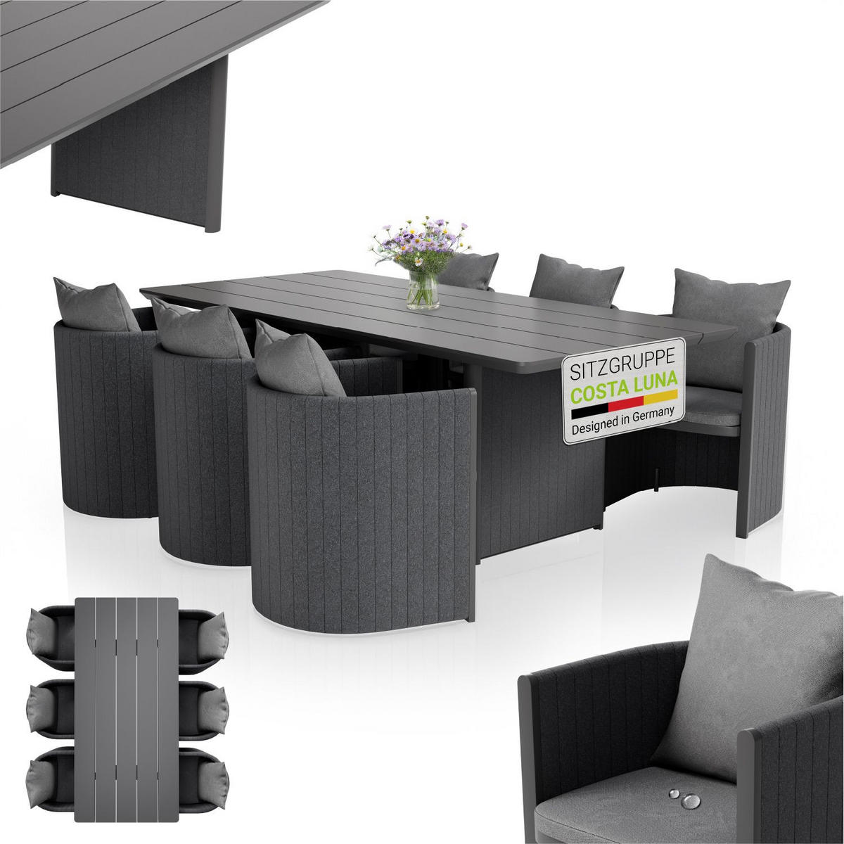 SITZGRUPPE Costa Luna Anthrazit (7-teilig) - Anthrazit, Metall - Juskys