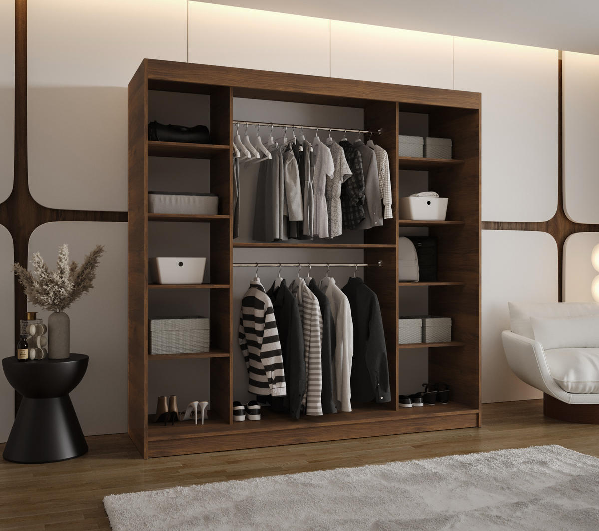 SCHIEBETÜRENSCHRANK mit Spiegel ULTRA 200/200/62 3-türig - Silberfarben/Walnussfarben, Holz (200/200/62cm) - MÖBEL KRYSPOL