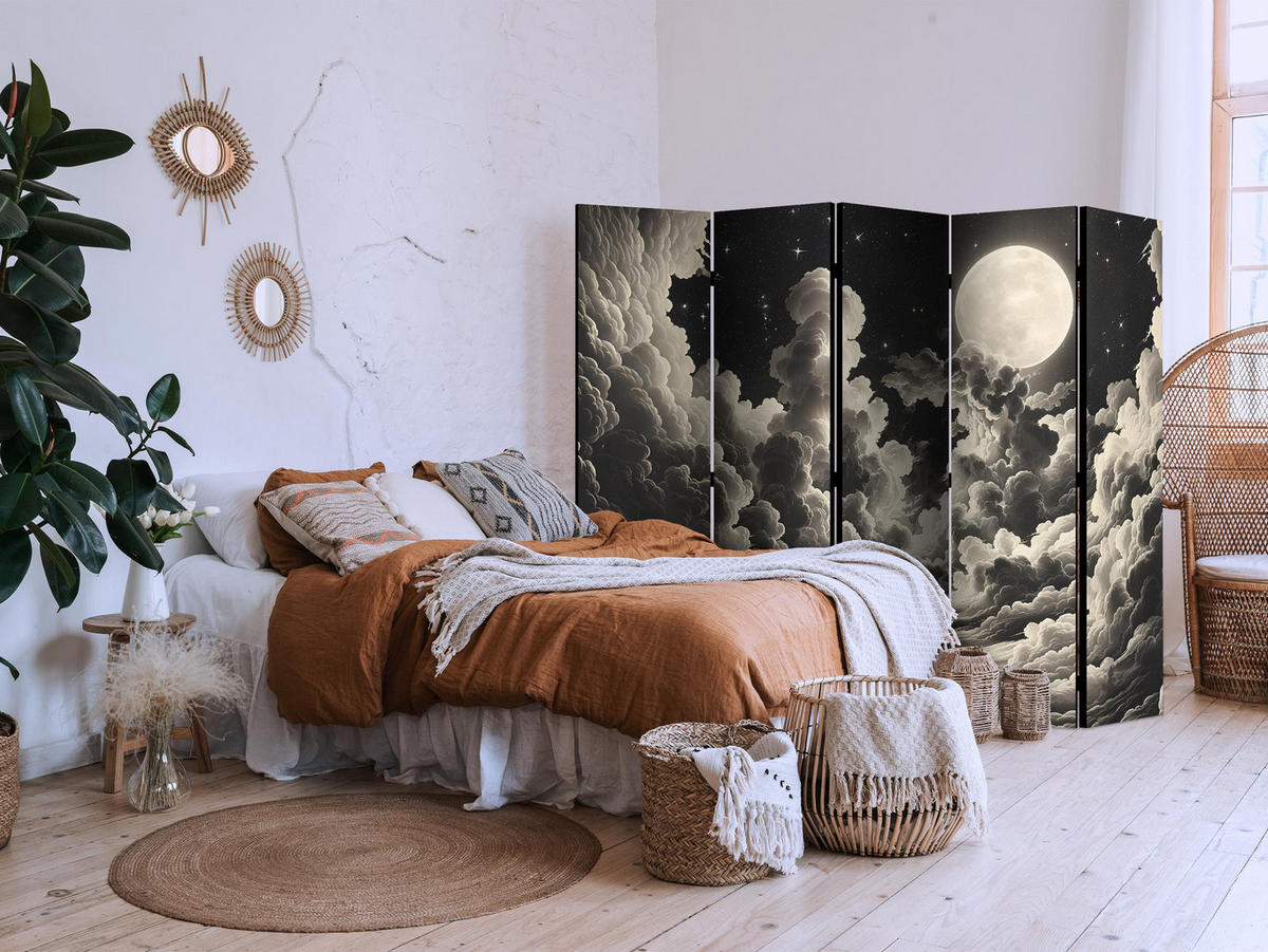 PARAVÁN Akustický 5-Dielny 225x172 cm Mesiac za Oblakmi - čierna, drevo/textil (225/172/3cm) - Muralo