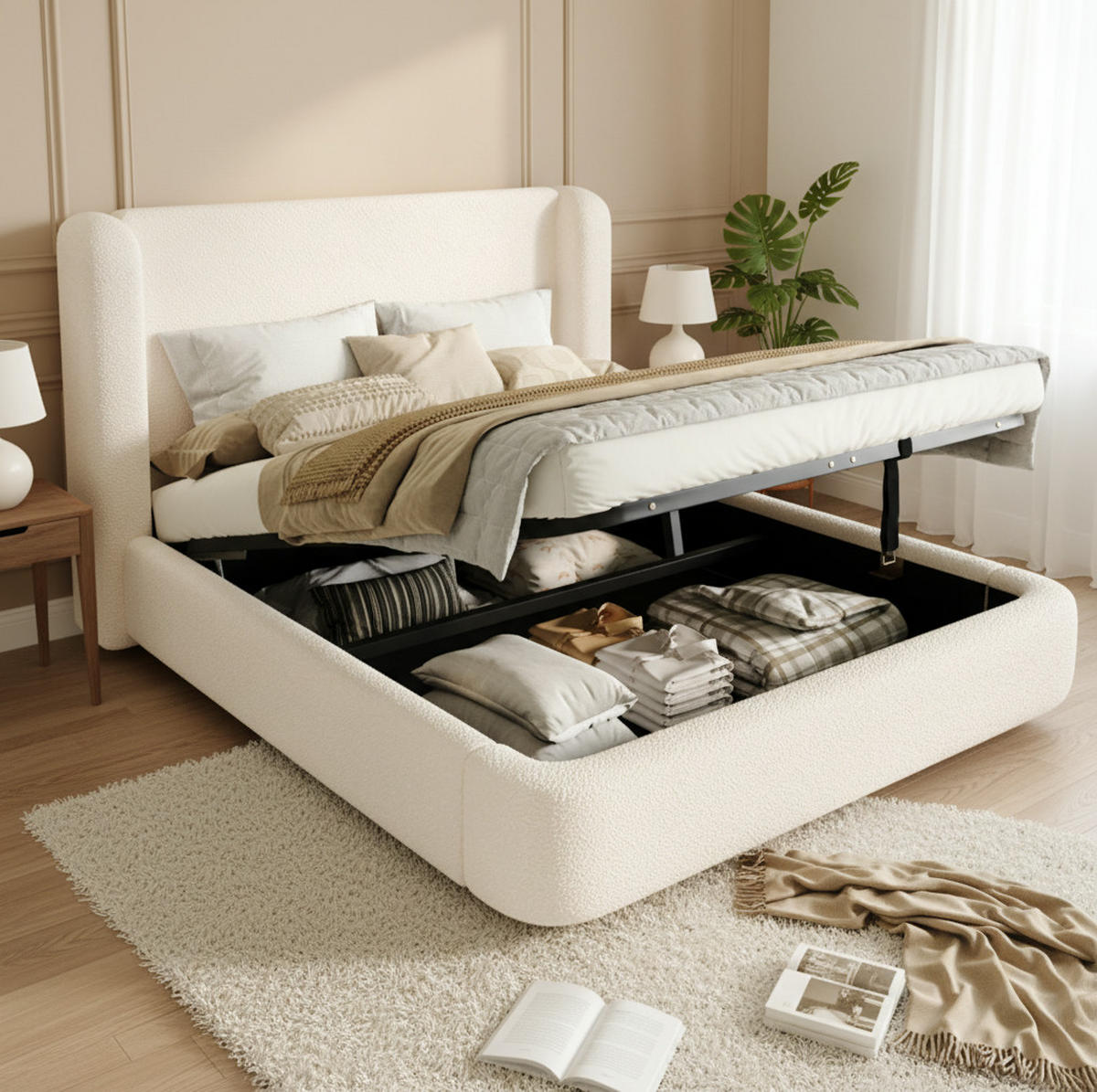 POLSTERBETT 180/200 cm aus Bouclé mit Bettkasten und Lattenrost Beige - Beige, Textil (180/200cm) - Modenvie