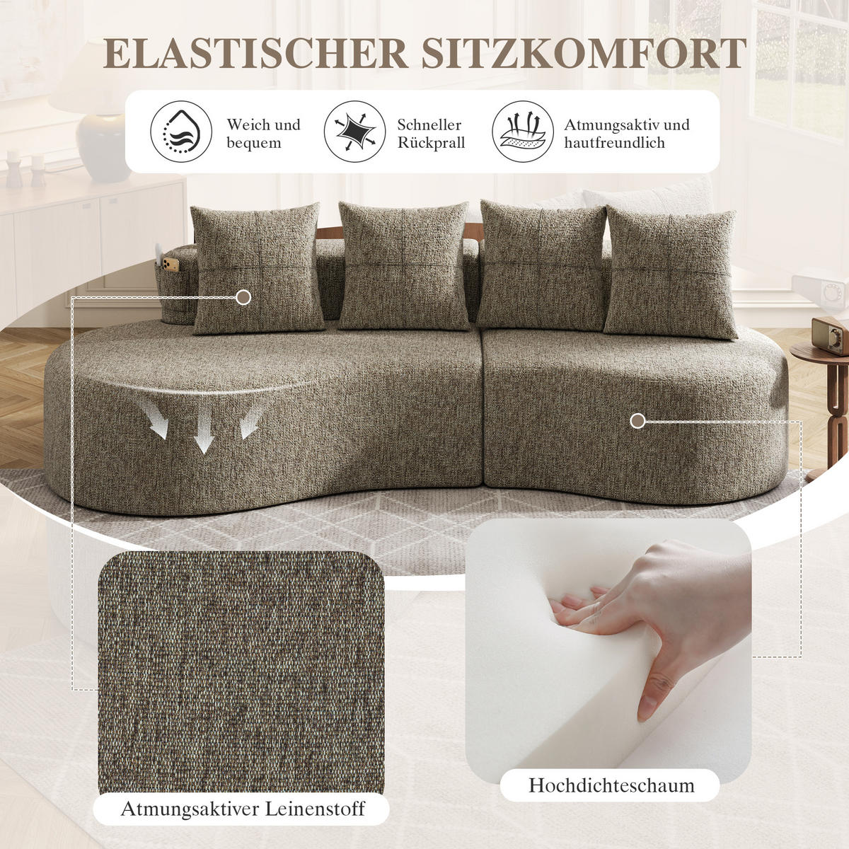 3-SITZER SOFA leinenstoff farbwahl mit getränkehalter & seitentaschen - Sandfarben, Textil (240/63/109cm) - Urban Meuble