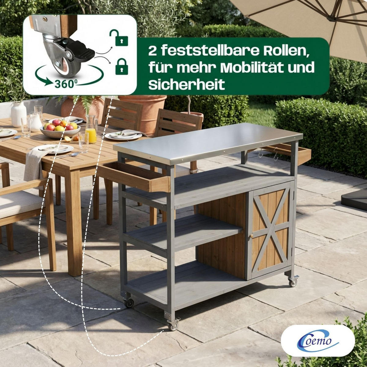 SERVIERWAGEN JAMES mit Rollen Outdoor 118/47/92 cm Farbe Grau - Grau, Holz (47/92/118cm) - Coemo