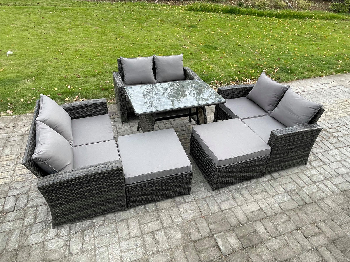 GARTENMÖBELSET mit ESSTISCH,HOCHLEHNER-SOFA Polyrattan Dunkelgrauer Mix 8-Sitzer - Dunkelgrau/Grau, Glas/Kunststoff - Fimous
