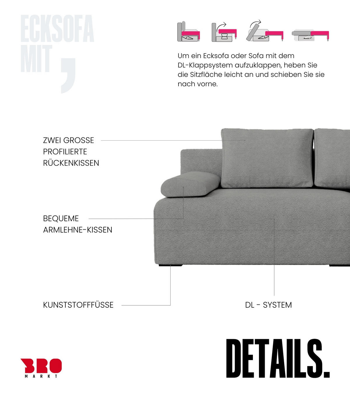 ECKSOFA Ernest mit Schlaffunktion Grau Bouclé - Grau, Textil (200/145cm) - Bromarkt