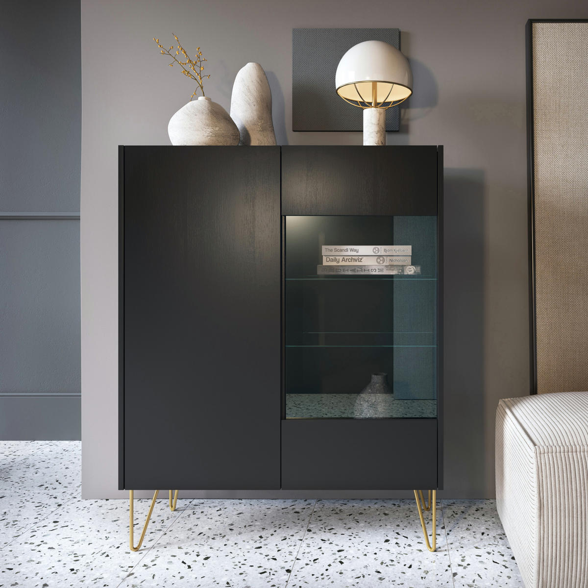 WOHNWAND Canmore 2, 2-er Set, Scharnier Häfele Marmor Schwarz Graphit Schwarz - Graphitfarben, Glas/Holzwerkstoff (241/122/37cm) - Komodee