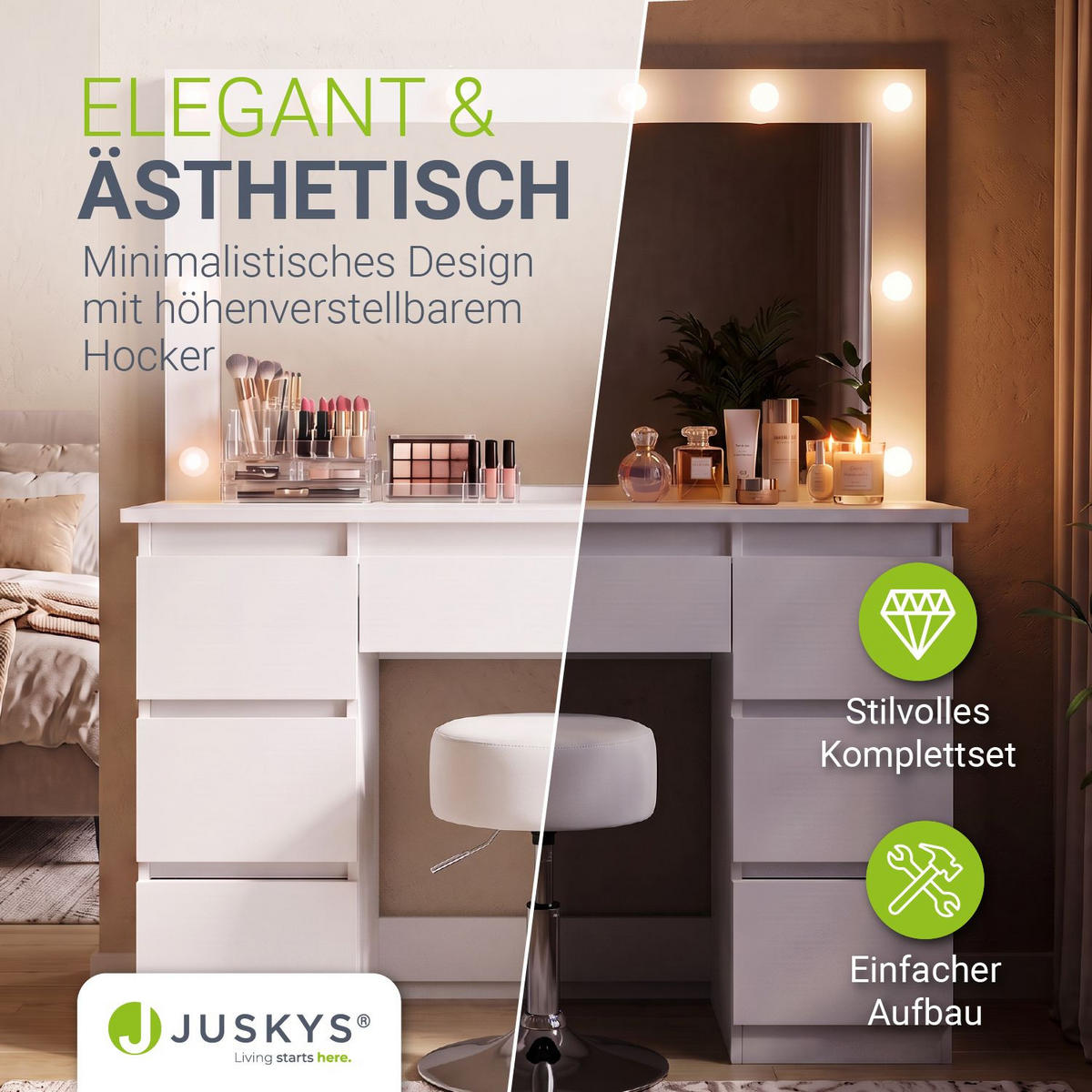 SCHMINKTISCH Lilia weiß mit LED-Beleuchtung und Hocker Tonia - Weiß, Holz (108/140/41cm) - Juskys