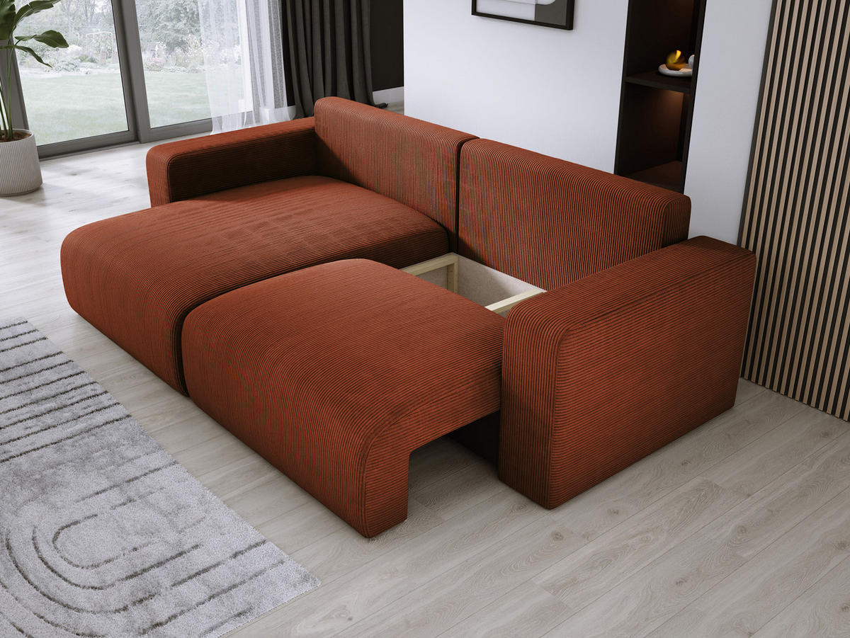ECKSOFA Carl L-förmig Schlaffunktion und Bettkasten weicher Cordstoff flexibel stellbar lose Rückenkissen freistehend LINKS 143x247x83cm Brown - Braun, Holz/Textil (143/247cm) - DomoHome