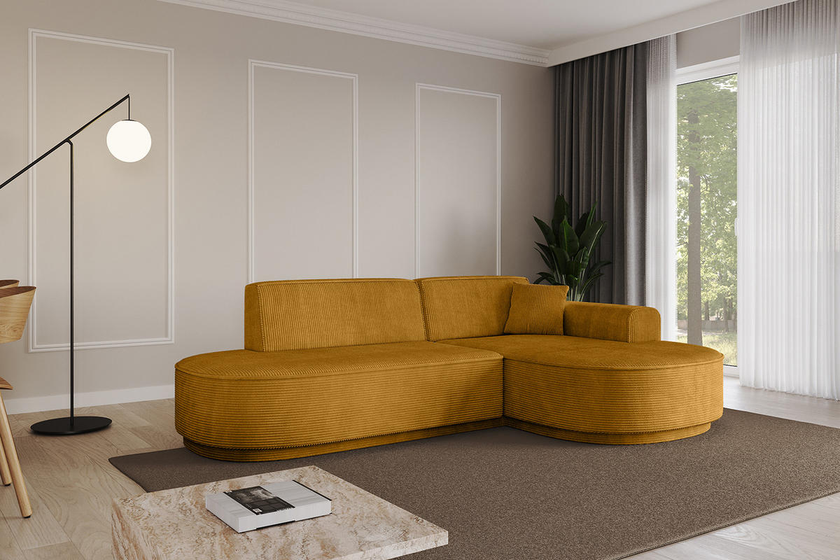 ECKSOFA Ottomane Rechts MARI-L1-v3 - 232x163x81 cm Senfgelb Cord - Gelb/Schwarz, Holzwerkstoff/Kunststoff (232/163cm) - ALTDECOR