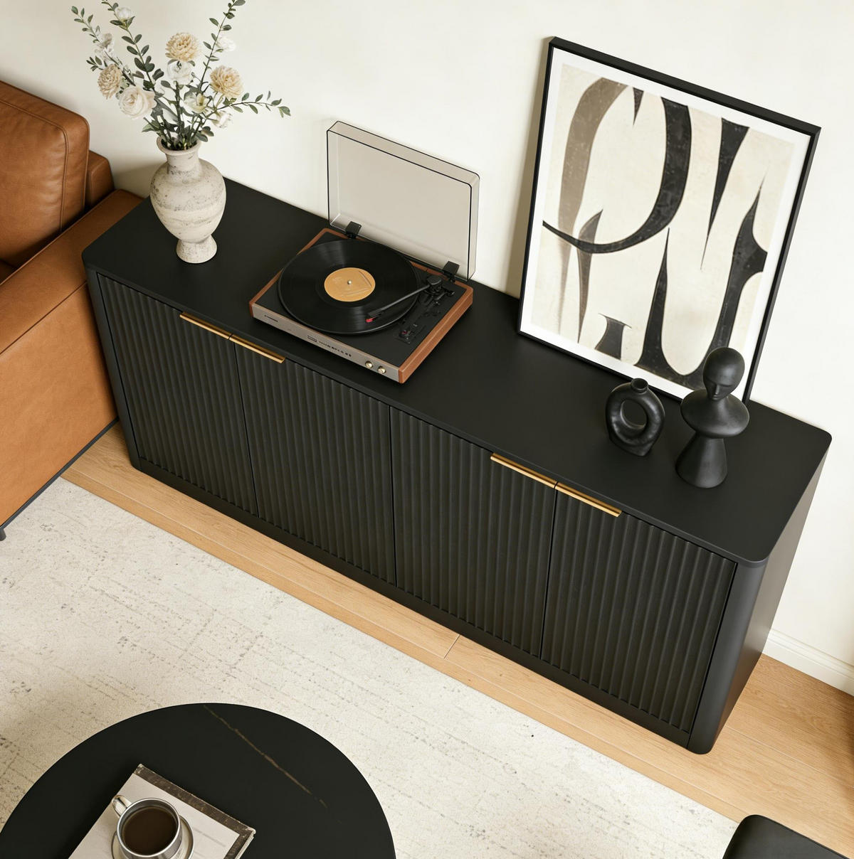 SIDEBOARD 150/40/70,5 cm aus MDF mit 4 Türen, wellenförmiger Front und viel Stauraum, Schwarz - Schwarz, Holzwerkstoff (150/70.5/40cm) - Redom