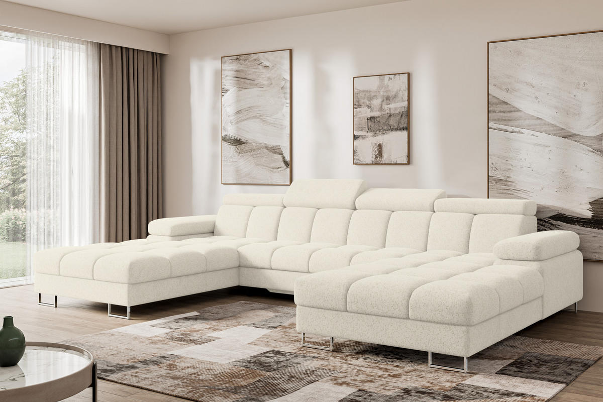 WOHNLANDSCHAFT mit Schlaffunktion und Bettkasten COMA U2 345x203x79 Creme Velours - Creme, Holzwerkstoff/Textil (345/79/203cm) - ALTDECOR