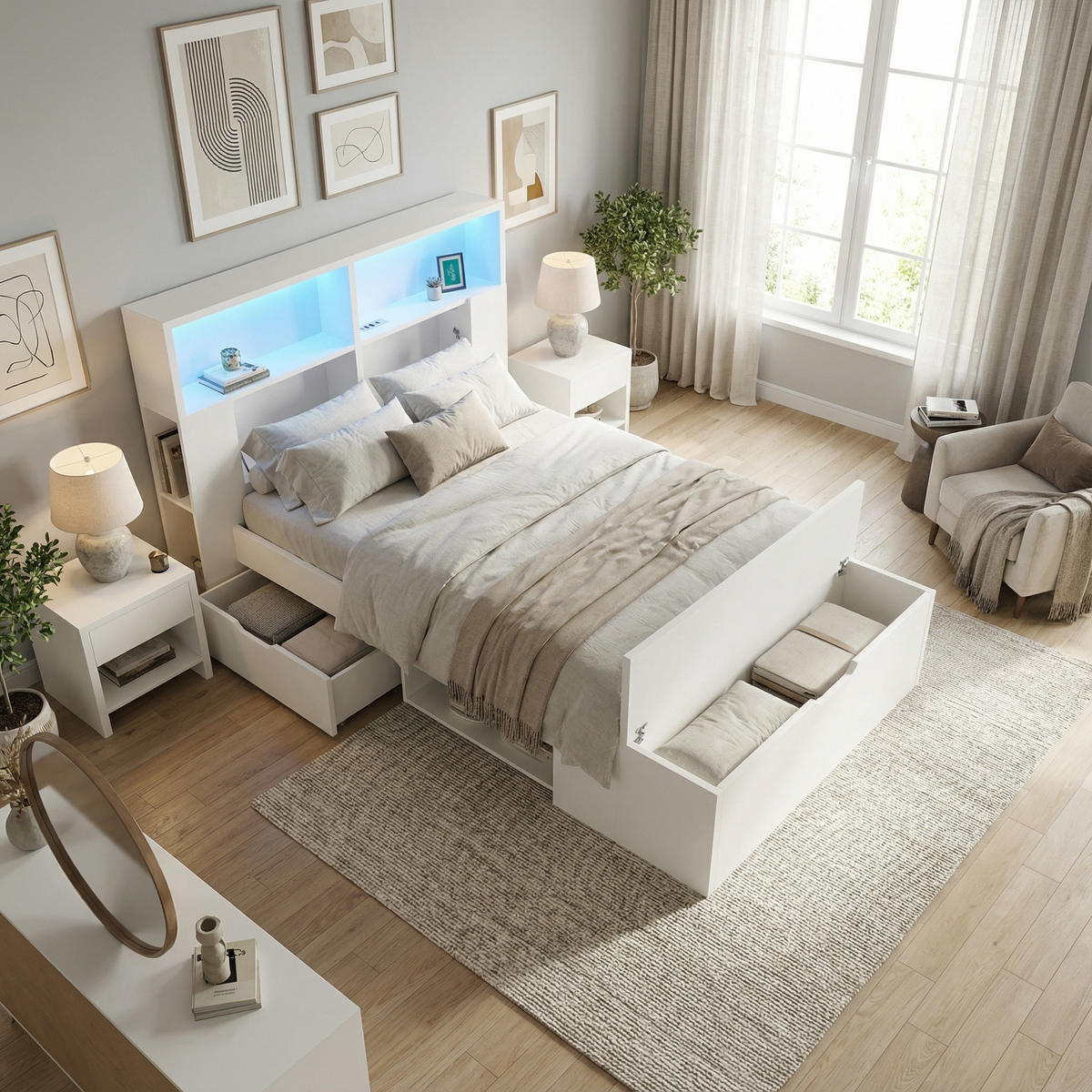 BETT 90x200 cm Weiß Multifunktions mit LED & USB - Weiß, Holzwerkstoff (90/200cm) - Urban Meuble