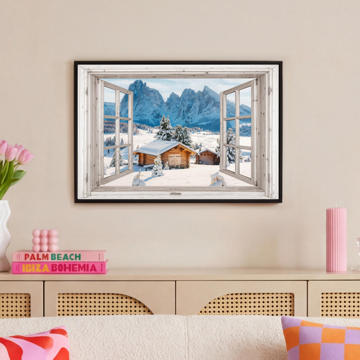 LEINWAND Bilder mit Rahmen - Winterlandschaft - Hütte - Berge - Ausblicke - Aussicht - Natur - 60x40 - Weiß Hochglanz, Textil (60/40cm) - MuchoWow