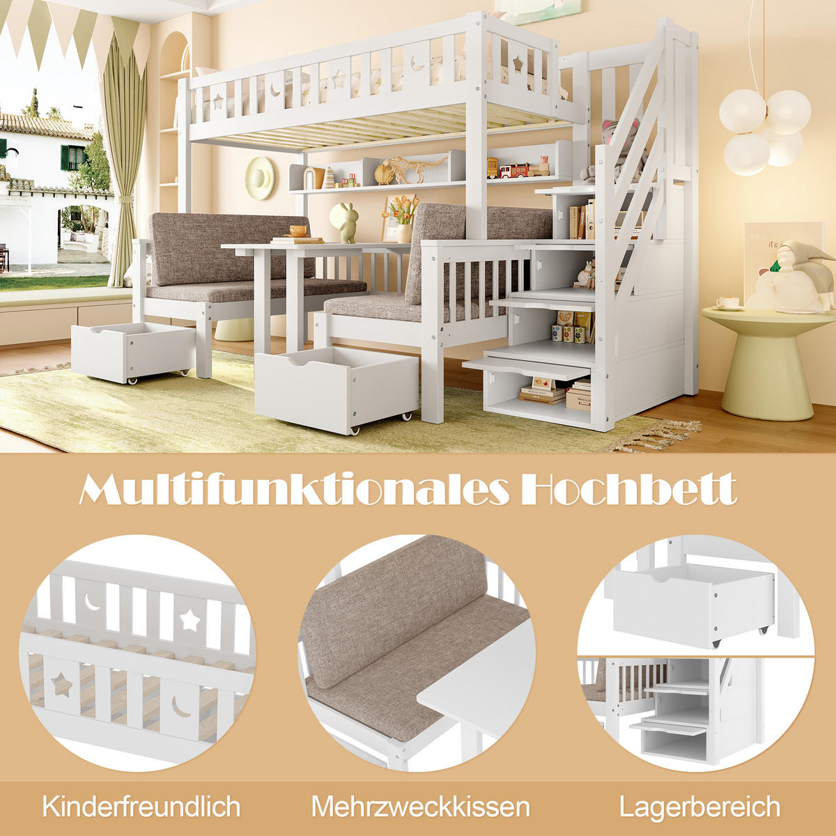 HOCHBETT 90/200 cm 2-in-1-Bett und Schreibtisch mit Stauraumleiter weiß - Weiß, Holz (90/200cm) - OKWISH