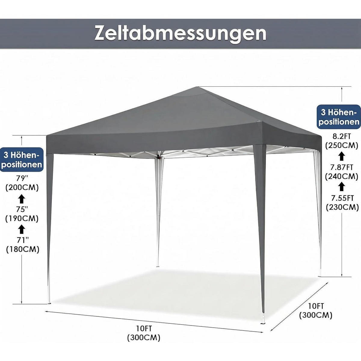 FALTPAVILLON 3x3m Grau Wasserdicht Stabil UV-Schutz - Grau, Textil (300/260/300cm)