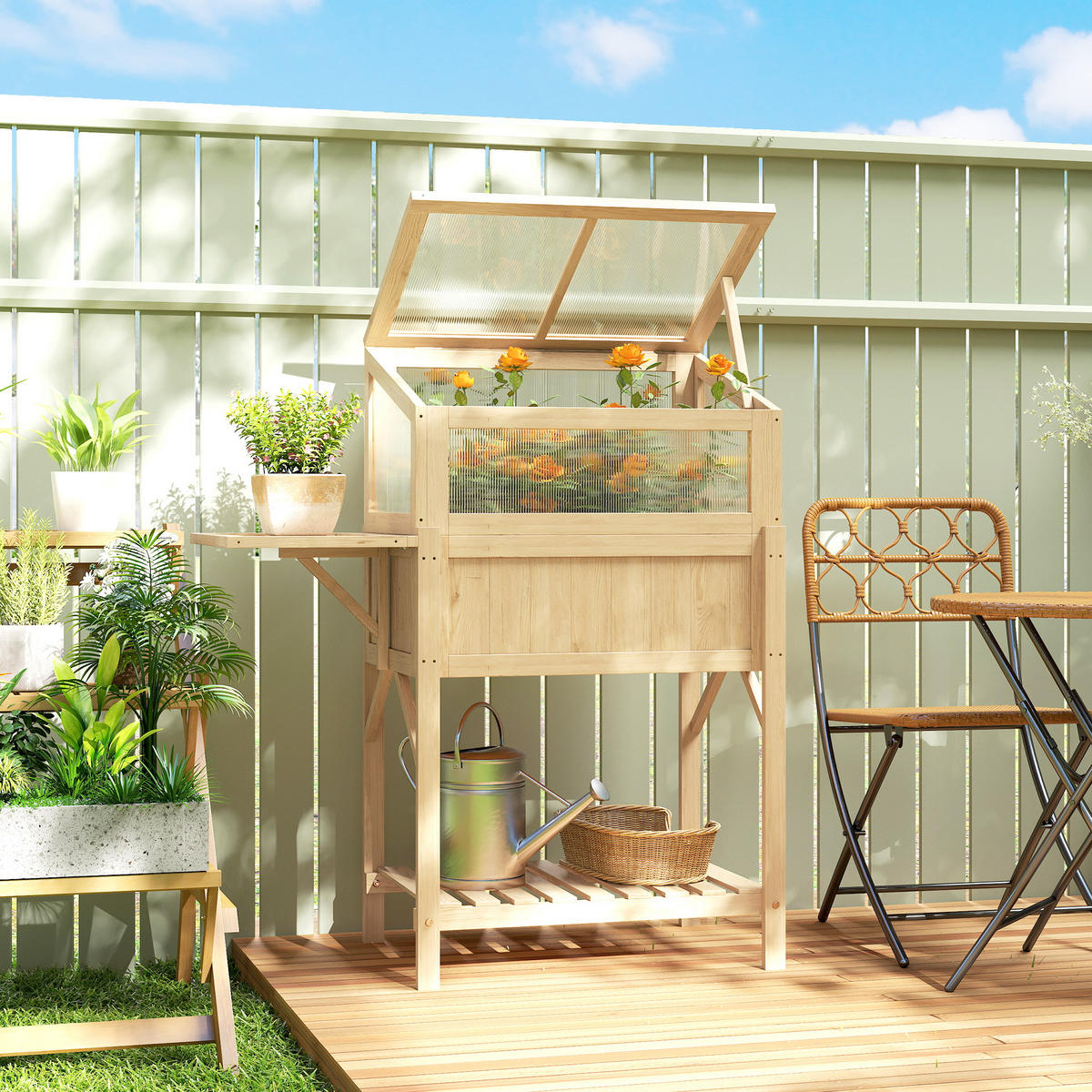HOCHBEET mit Frühbeetaufsatz aus Holz Pflanzkasten mit Gewächshaus Seitentisch - Naturfarben, Holz (50/120/104cm) - Outsunny