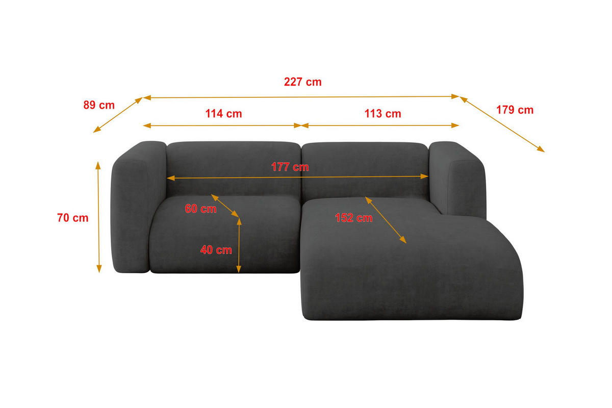 ECKSOFA Ottomane Rechts MIRA-L1 227x179x89 Dunkelgrau Velours - Dunkelgrau/Schwarz, Holzwerkstoff/Kunststoff (227/179cm) - ALTDECOR