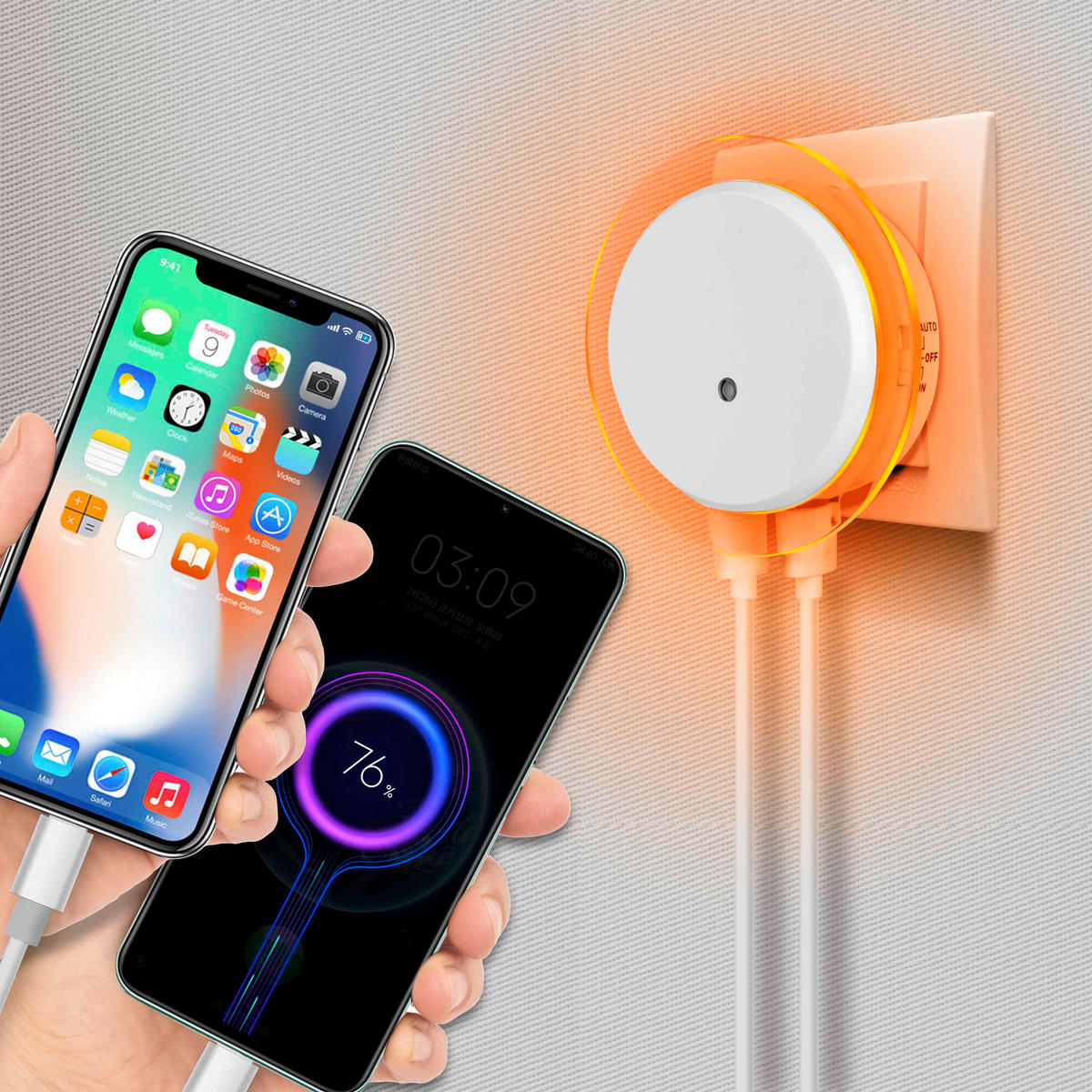 LED-NACHTLICHT - Bernsteinfarben mit Dämmerungssensor und 2 USB-Anschlüssen für Schlafzimmer und Flur, 4er-Set - Weiß, Kunststoff (6.8/9.2/9.2cm) - Northpoint