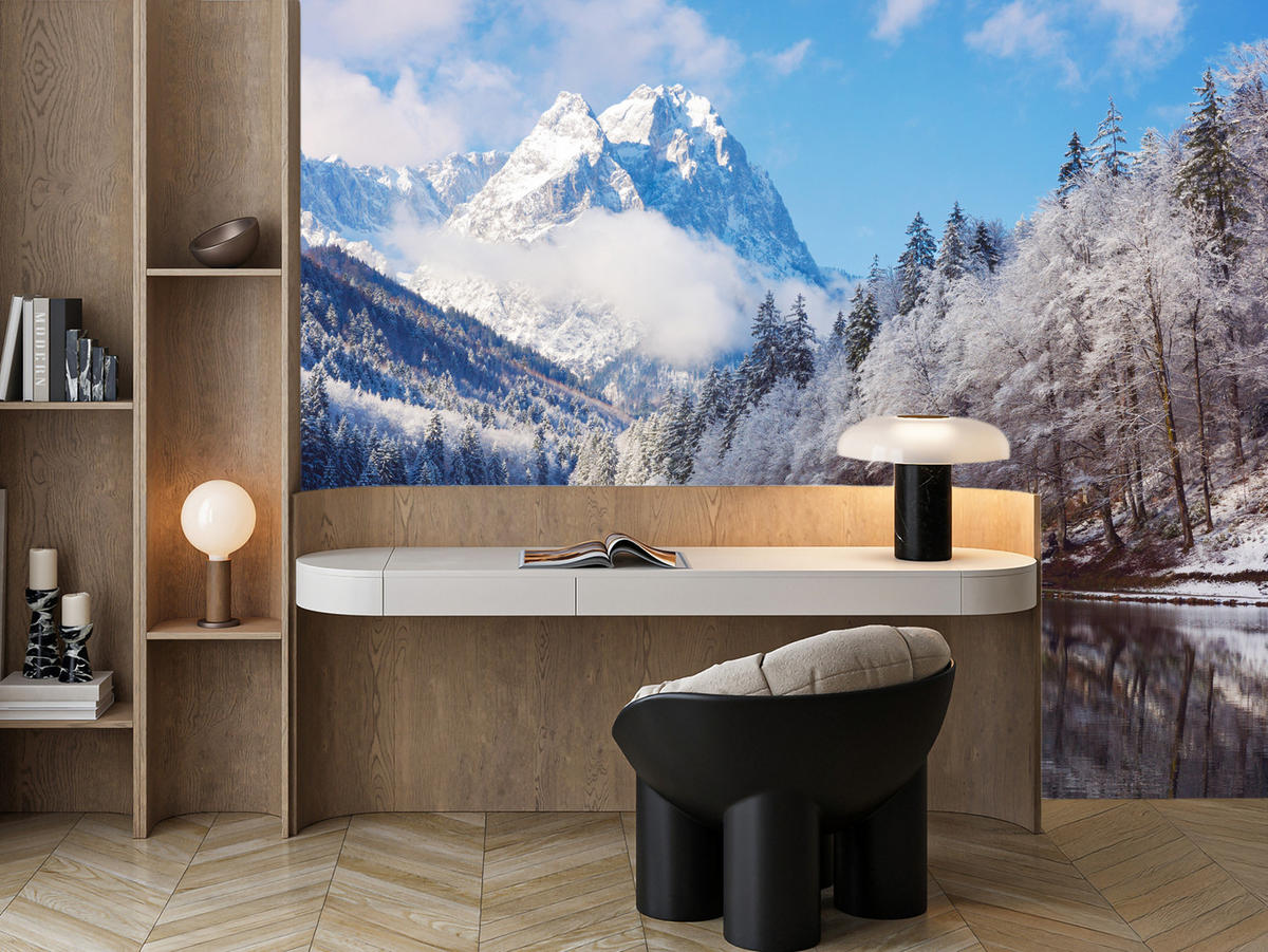 FOTOTAPETE für Wohnzimmer Winterberglandschaft See Nadelwald Schnee 300x210 - Blau/Braun, Papier (300/210cm) - Muralo