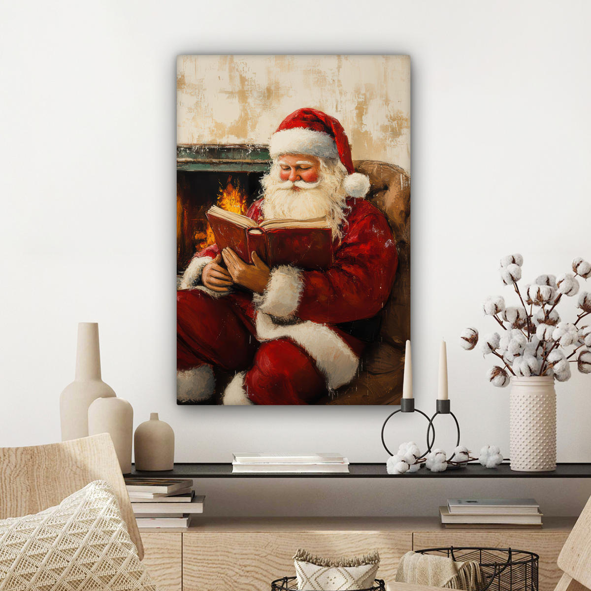 LEINWANDBILD Weihnachten - Weihnachtsmann - Winter - Open Fireside 60x90 cm - Dunkelrot, Textil (60/90cm) - MuchoWow