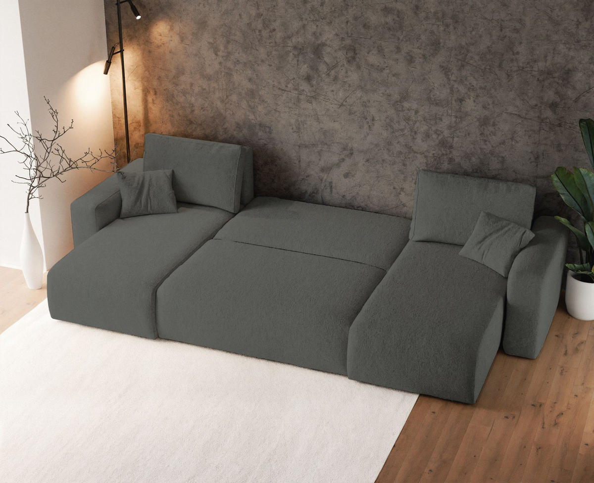 WOHNLANDSCHAFT Pianoni Dunkelgrau Bouclé-Bezug - Dunkelgrau/Schwarz, Kunststoff/Textil (312/83/140cm) - Selsey