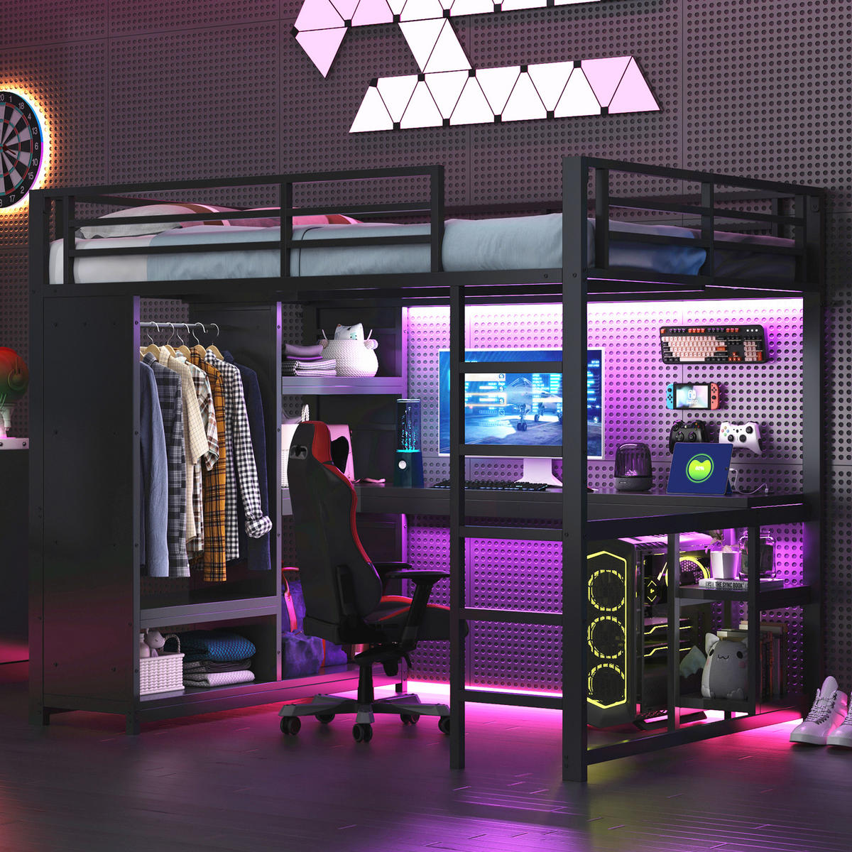 HOCHBETT 140/200 cm schwarz aus Metall mit LED und Schreibtisch - Schwarz, Metall (140/200cm) - OKWISH