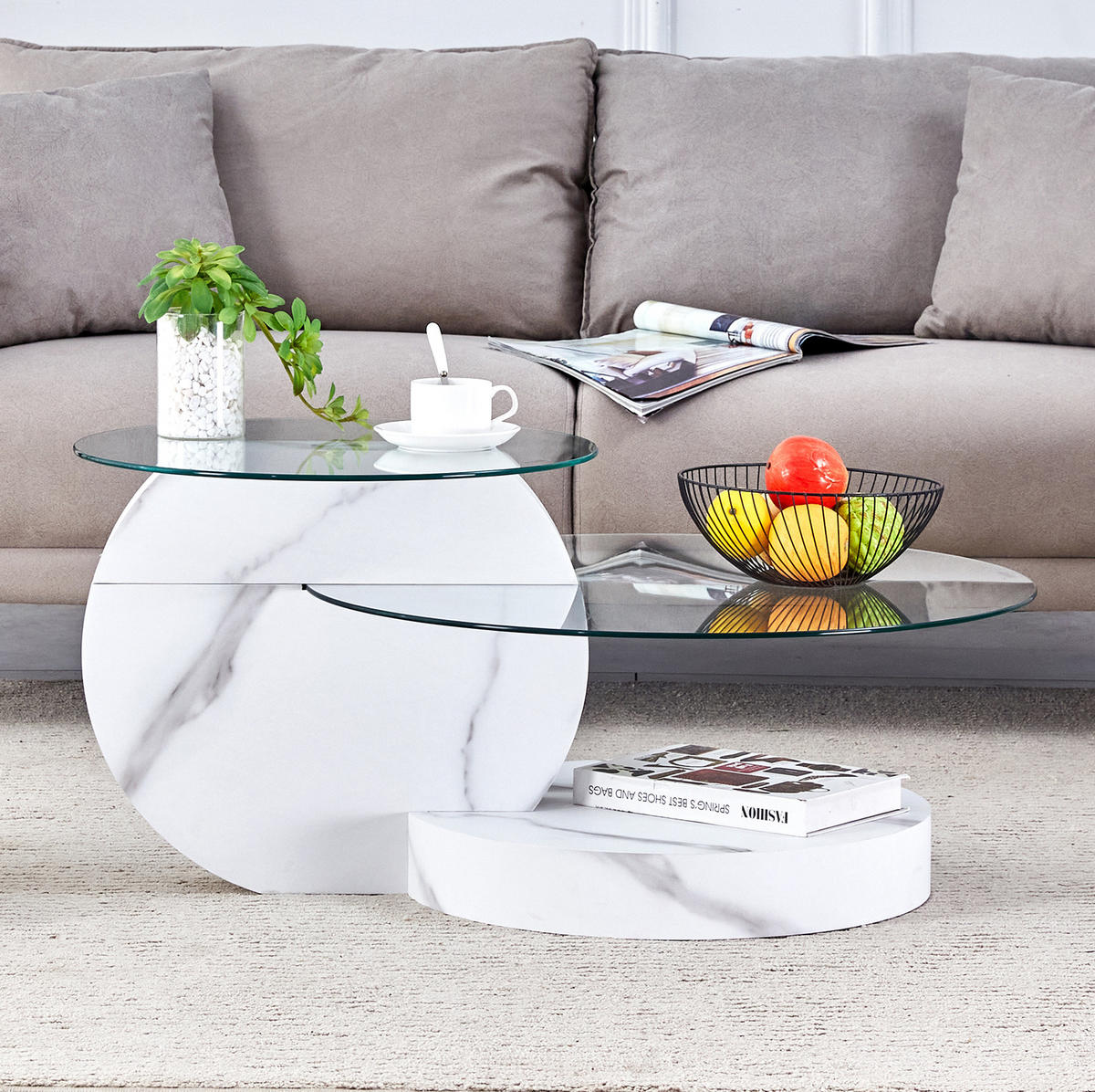COUCHTISCH 50/70 cm aus Glas und MDF in Weiß mit mehrstufiger Ablage - Weiß, Holzwerkstoff (90/70/44cm) - Flora Grace
