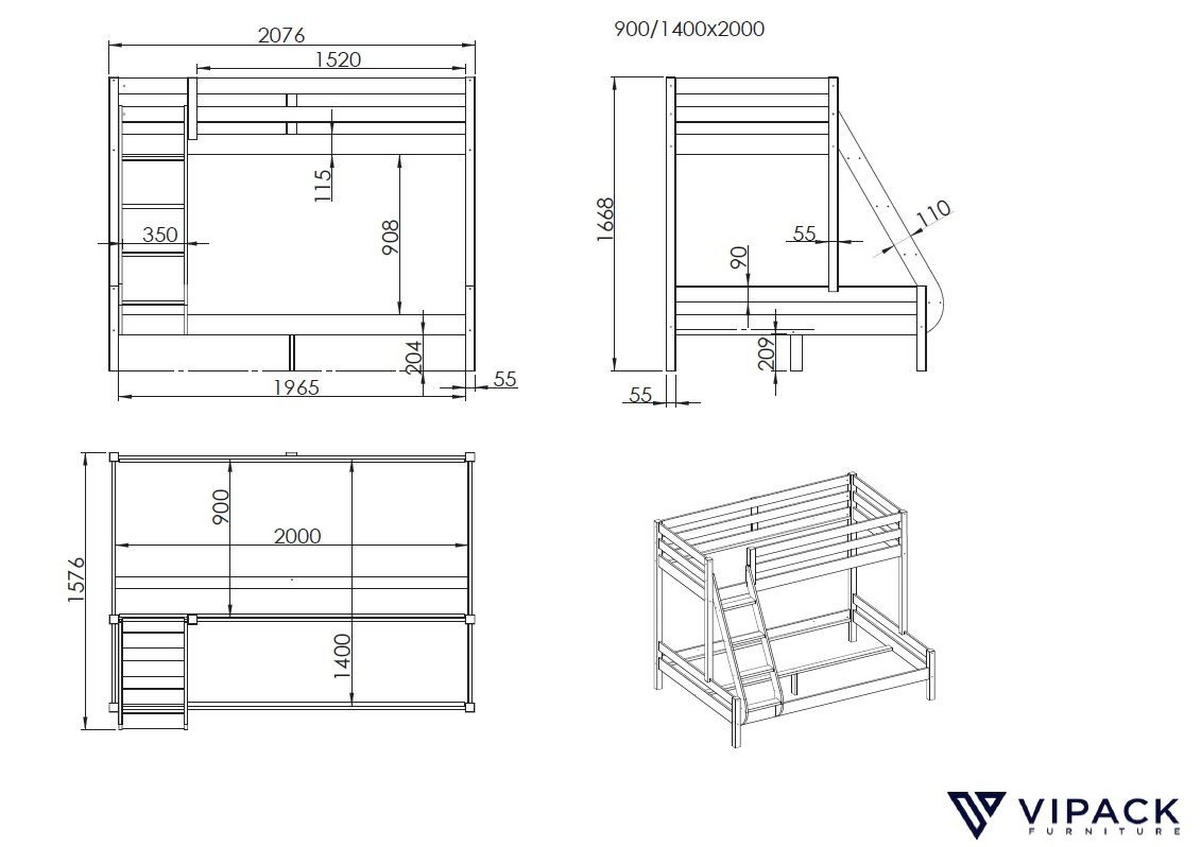 ETAGENBETT Karlee 208x167x156 aus Massivholz in grau - Grau, Holz - 58aufmkessel