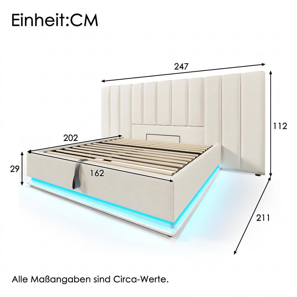 POLSTERBETT 160/200 cm Beige Leder mit App Control LED und USB-C Ladefunktion, Ohne Matratze und Nachttisch - Weiß, Textil (160/200cm) - Oxeza