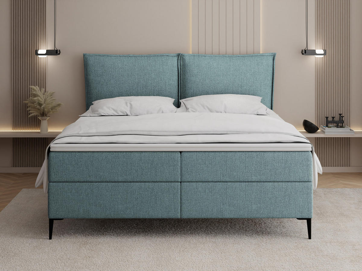 BOXBETT Calio Rise mit Bettkasten, Türkis Chenille 120x200 cm – inkl. H4 Taschenfederkern Matratze & Foam Topper - Türkis/Schwarz, Holz/Holzwerkstoff (120/200cm) - WFL GROUP