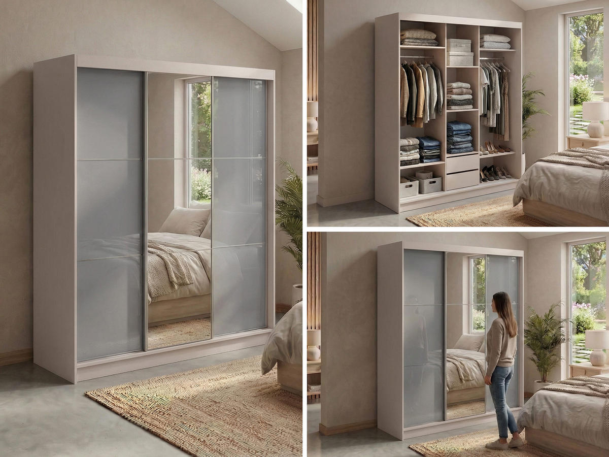 SCHWEBETÜRENSCHRANK mit Spiegel und Schubladen - WALENCJA - 180 - Kaschmir-Grau lacobel - Kaschmir/Alufarben, Holzwerkstoff/Metall (180/216/61cm) - MKS