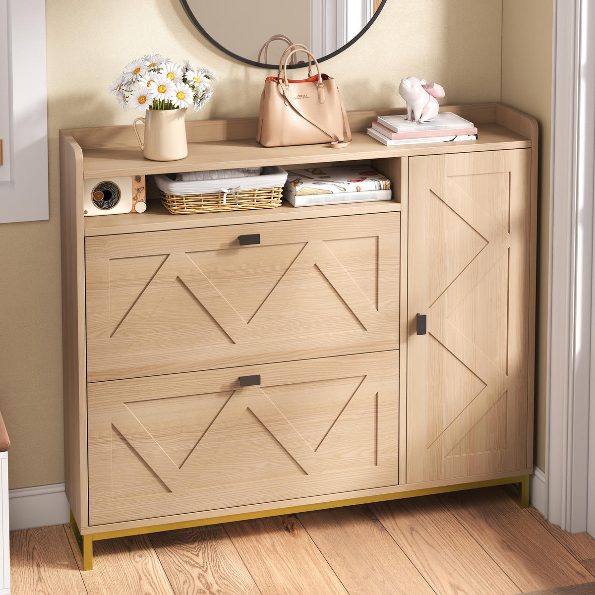 SCHUHSCHRANK Klappfach Seitenschrank Metallgestell - Naturfarben, Holz (110/100/24cm) - LEBENLANG