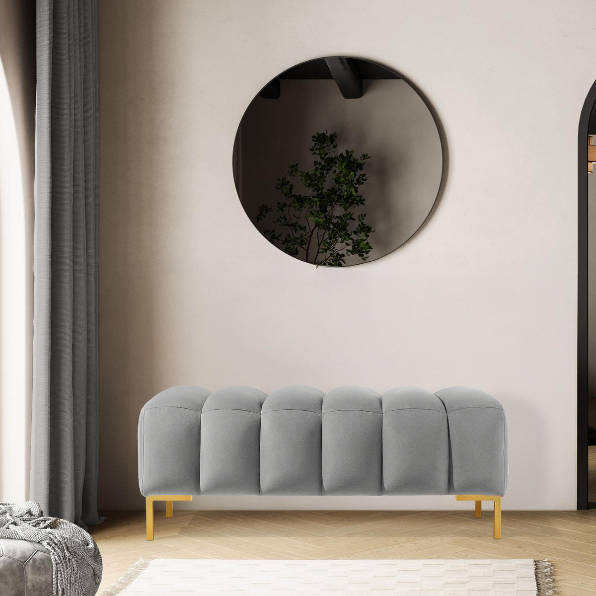 SITZHOCKER Polsterhocker PECCO, Veloursstoff - Goldfarben/Hellgrau, Holz/Textil (120/50/50cm) - KONSIMO®