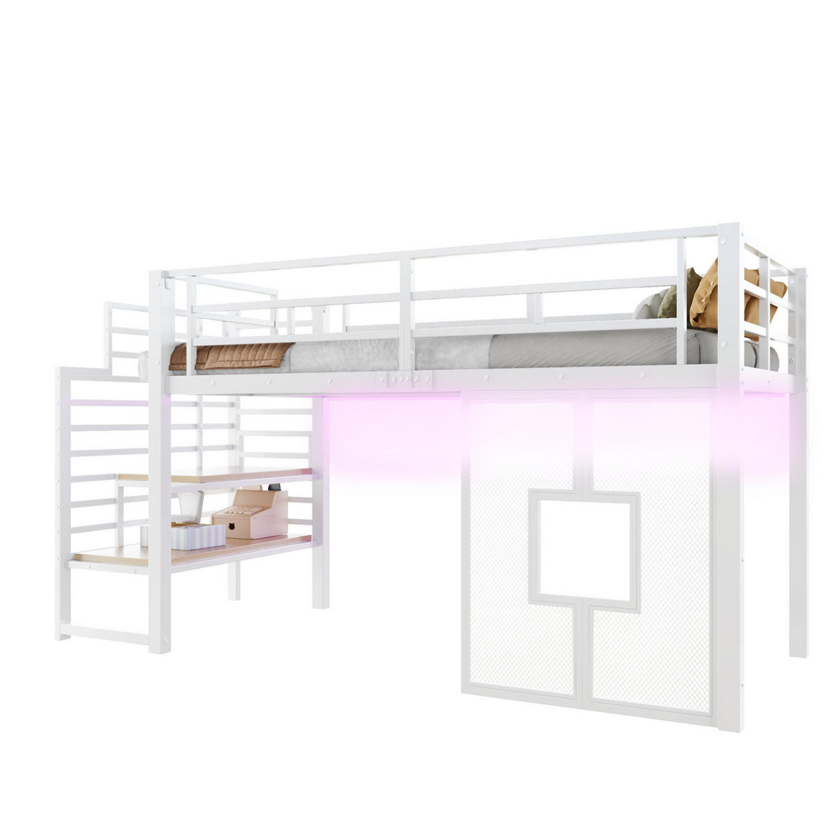 HOCHBETT 90/200 cm aus Metall und MDF mit Treppe Stauraum und LED-Beleuchtung Weiß - Weiß, Metall (90/200cm) - Modenvie