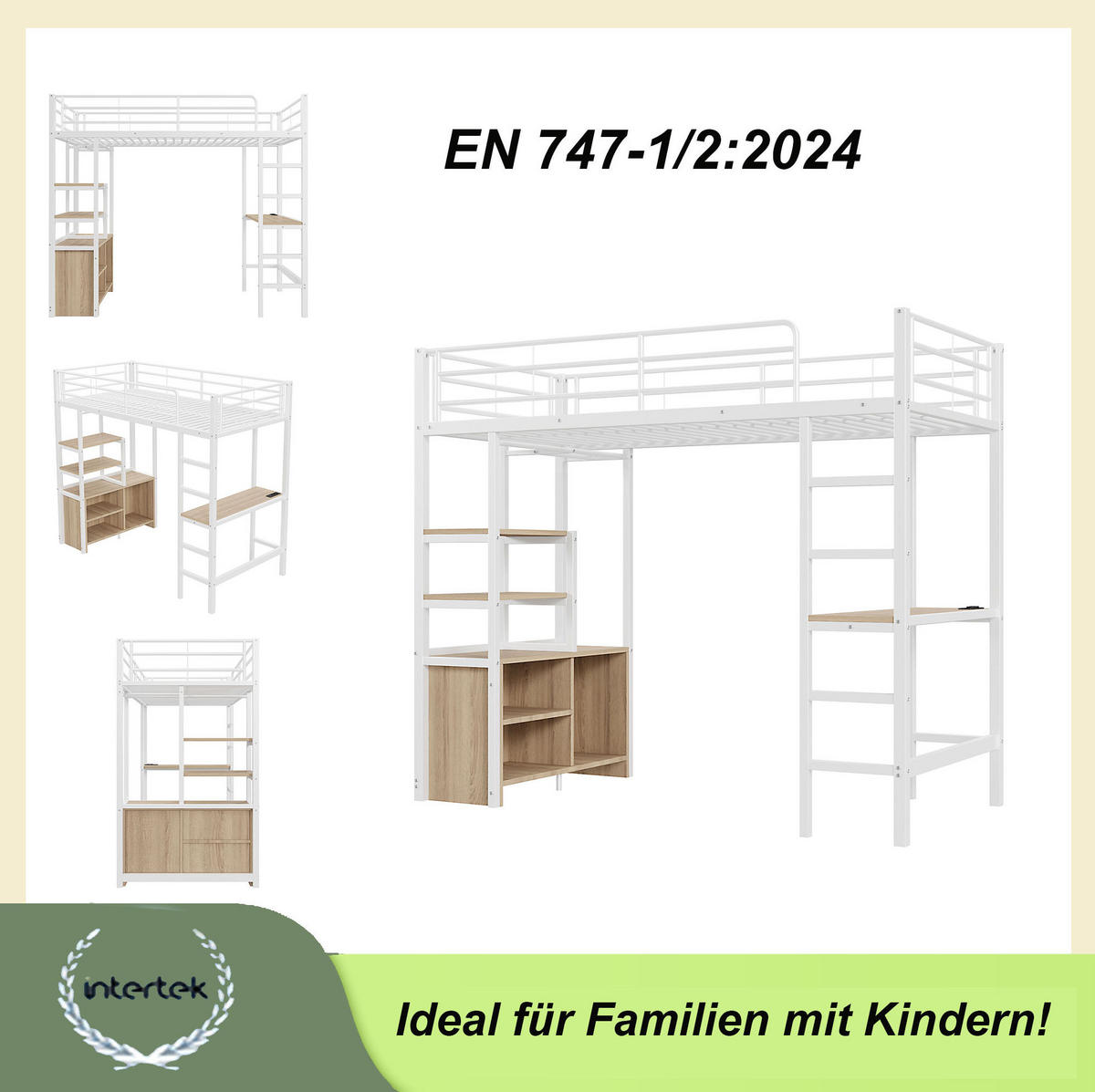 HOCHBETT 90/200 cm Weiß aus Metall mit Schreibtisch - Weiß, Metall (90/200cm) - OKMYHOME