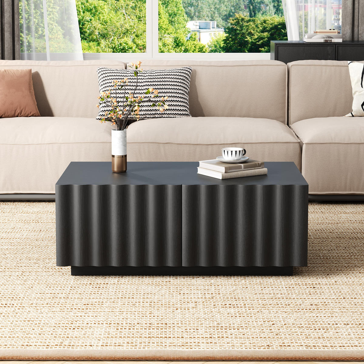 COUCHTISCH Wellenmuster 2 Schubladen modern Stauraum - Schwarz, Holzwerkstoff (100/50/40cm) - FLIEKS