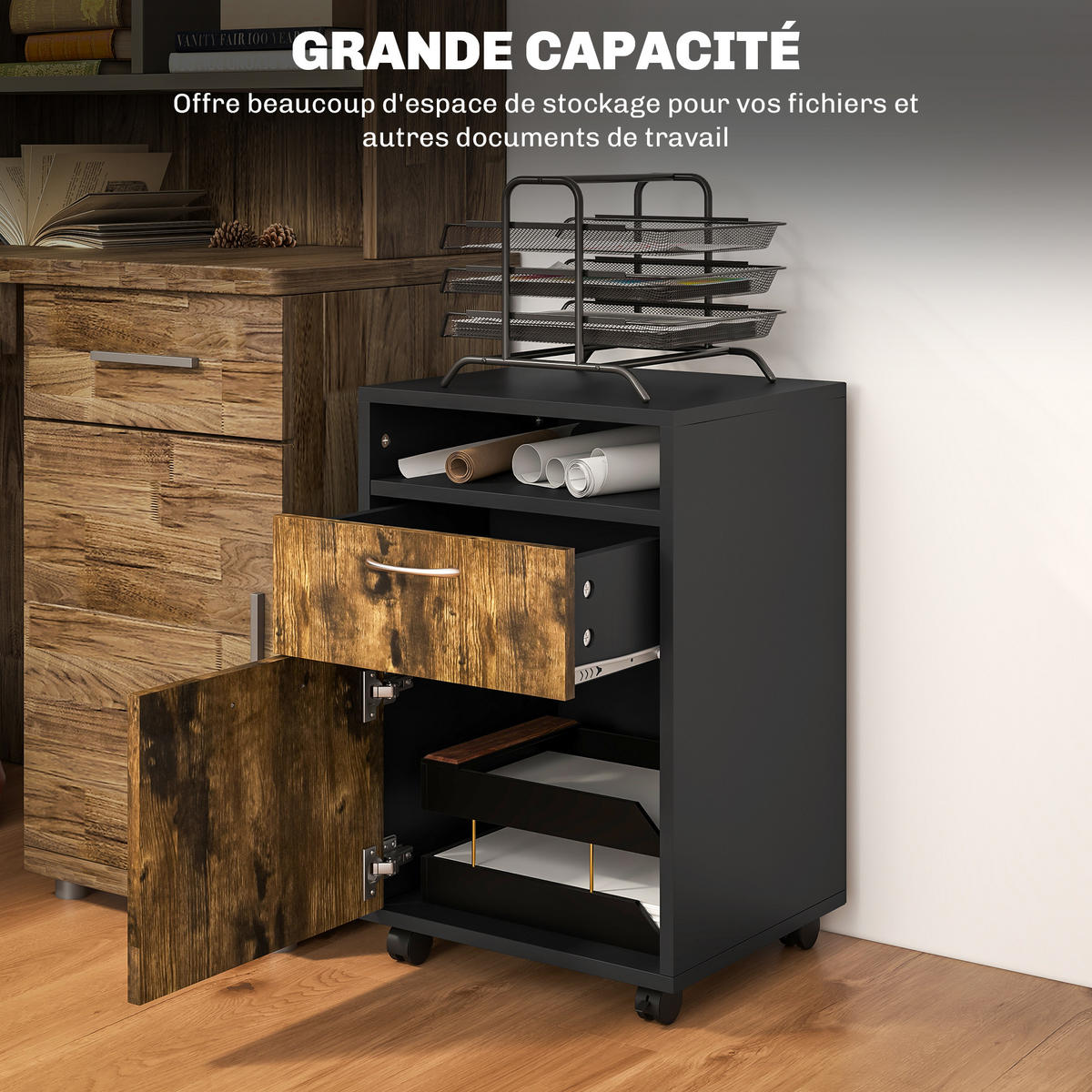 ROLLCONTAINER DE-14470 mit Schublade, Schrank und Nische Rostbraun - Braun, Holzwerkstoff (35/60/40cm) - ComfortXL