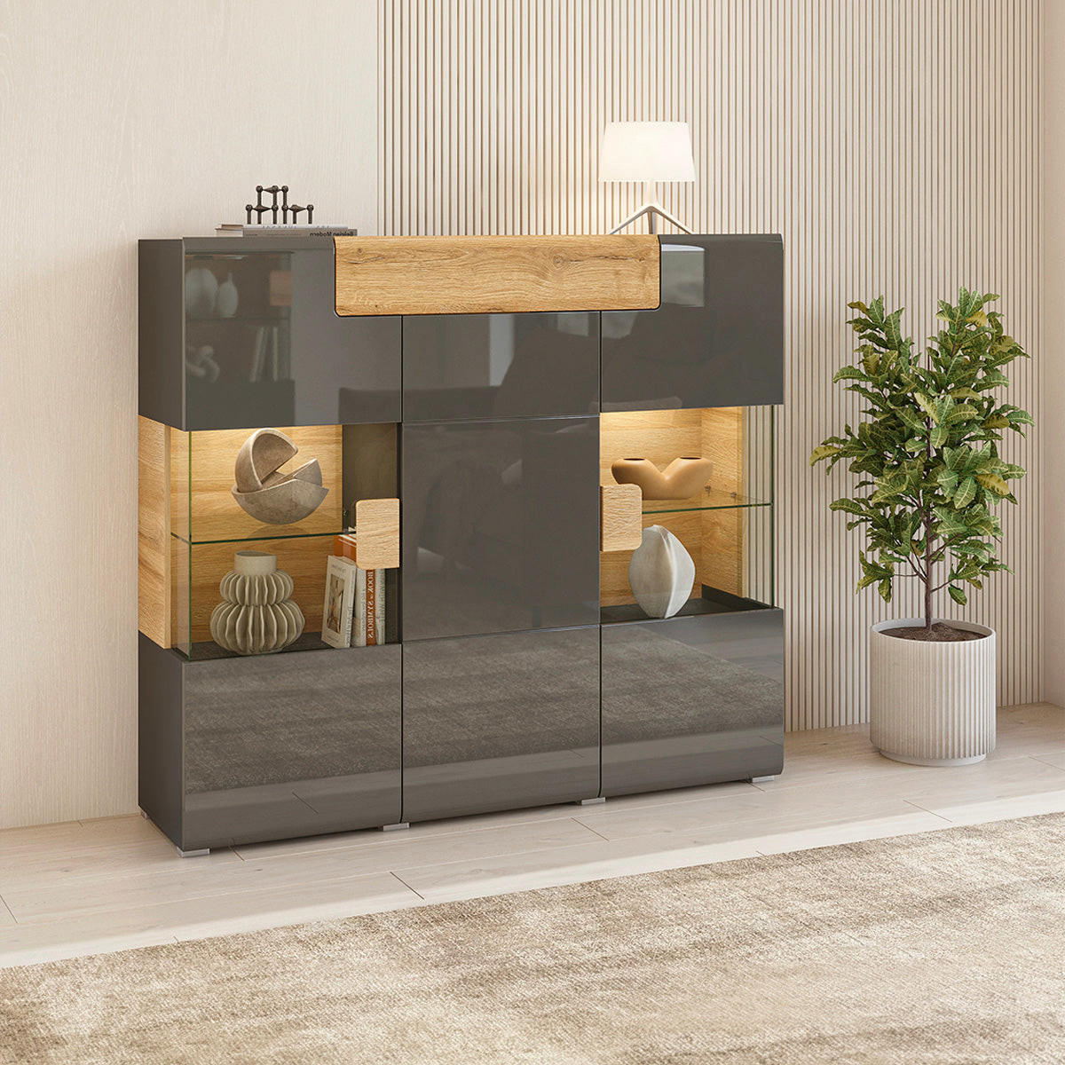 SIDEBOARD Jules Šedá a dřevo - šedá, kompozitní dřevo (147/131/39cm) - Petits-meubles